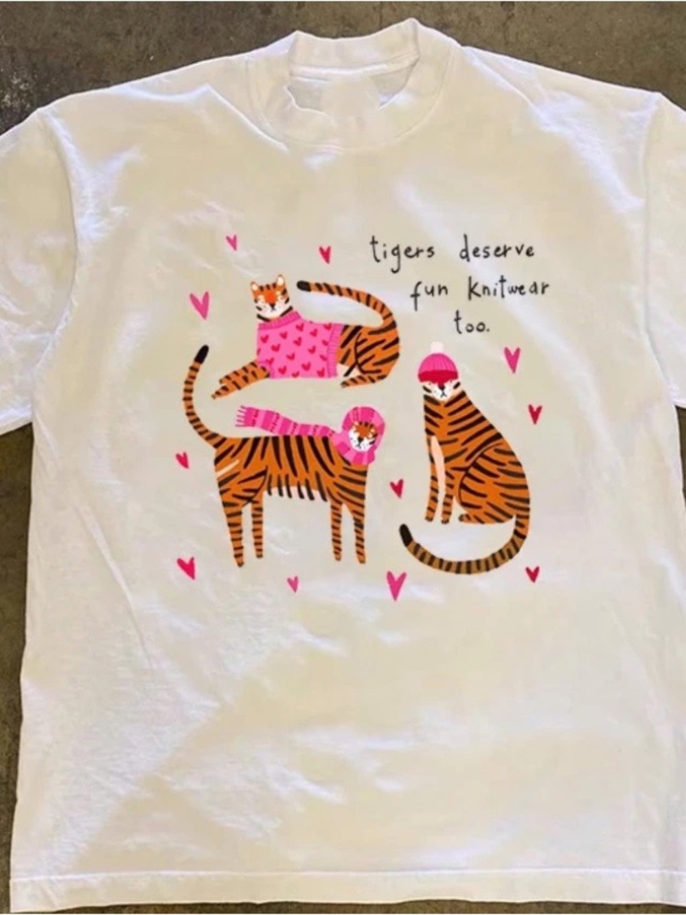 White Tee with Pink Knitwear Tiger Design